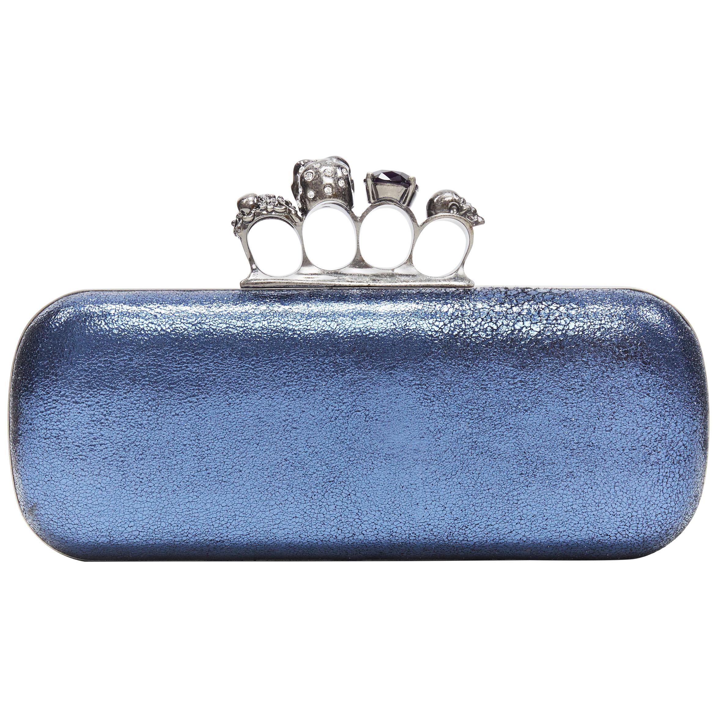 ALEXANDER MCQUEEN metallic blue leather 4-ring skull knuckleduster box clutch