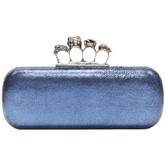 ALEXANDER MCQUEEN metallic blue leather 4-ring skull knuckleduster box clutch