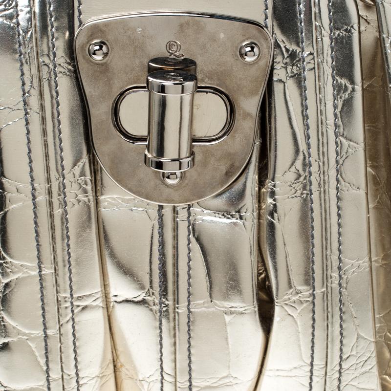 Women's Alexander McQueen Metallic Gold Croc Embossed Patent Leather Elvie Satchel For Sale