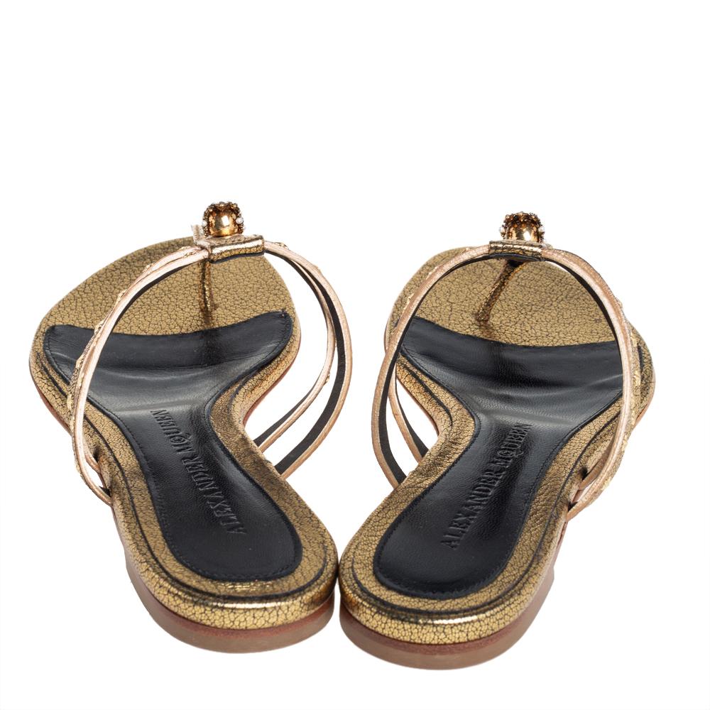 Brown Alexander McQueen Metallic Gold Embellished Skull Thong Flat Sandals Size 37.5