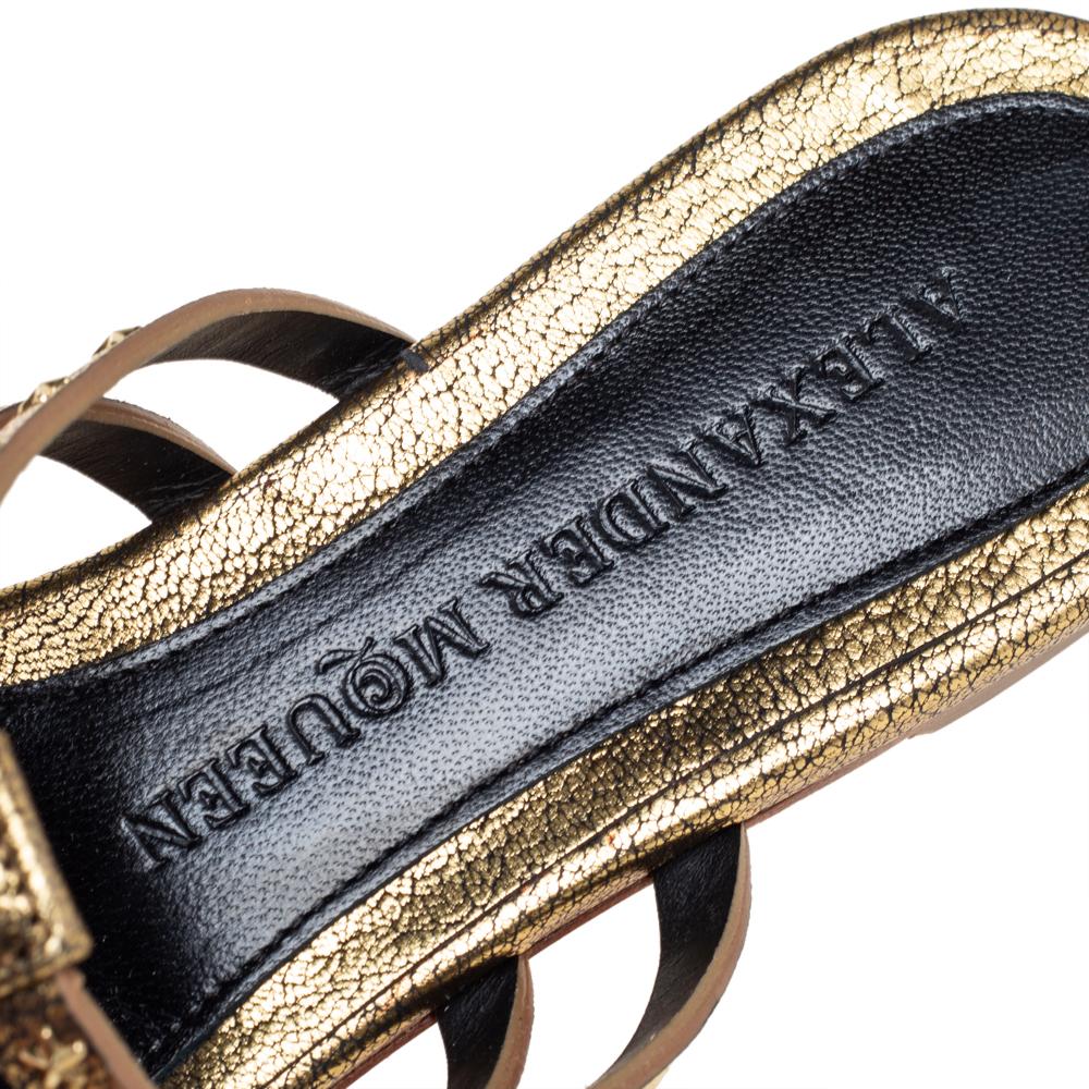 Alexander McQueen Metallic Gold Embellished Skull Thong Flat Sandals Size 37.5 1
