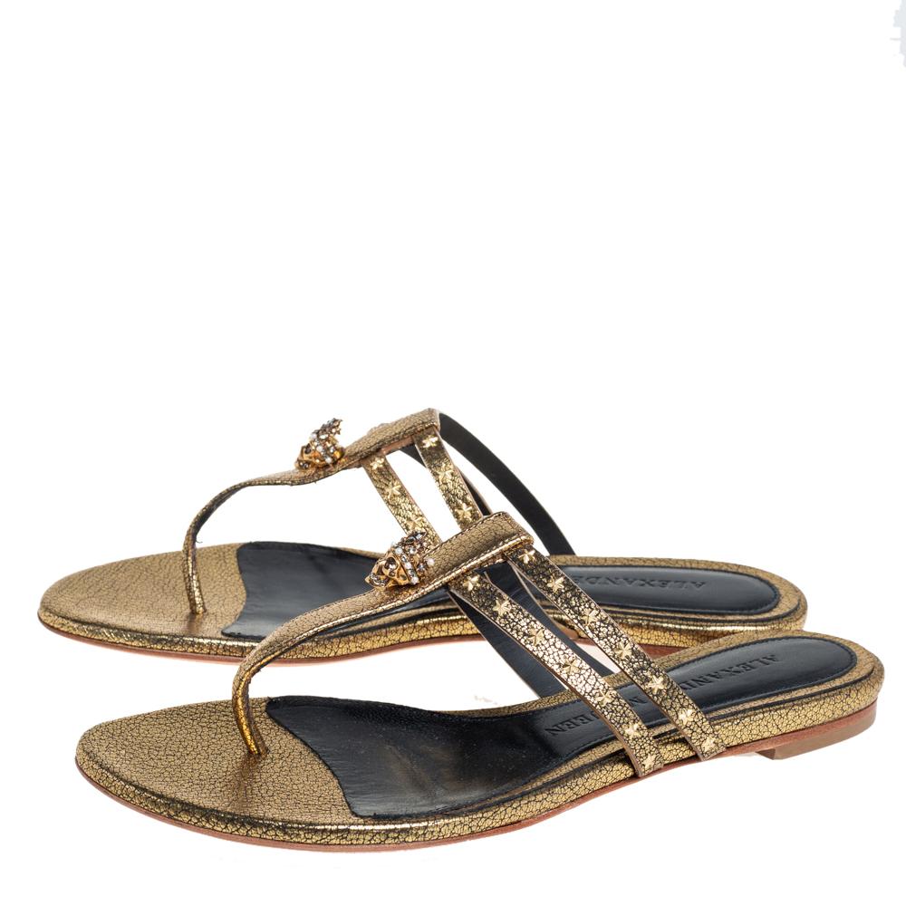 Alexander McQueen Metallic Gold Embellished Skull Thong Flat Sandals Size 37.5 2