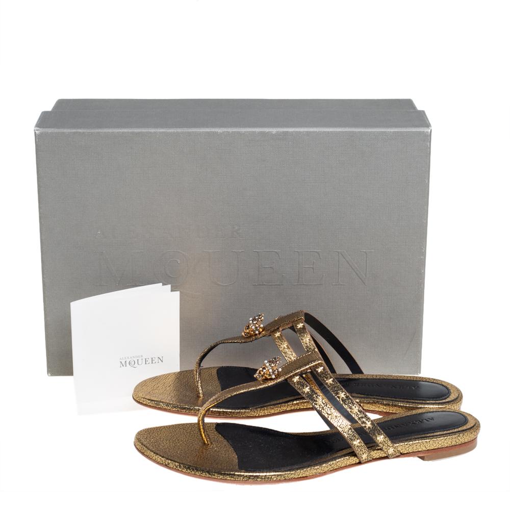 Alexander McQueen Metallic Gold Embellished Skull Thong Flat Sandals Size 37.5 3