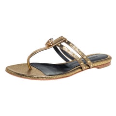 Alexander McQueen Metallic Gold Embellished Skull Thong Flat Sandals Size 37.5