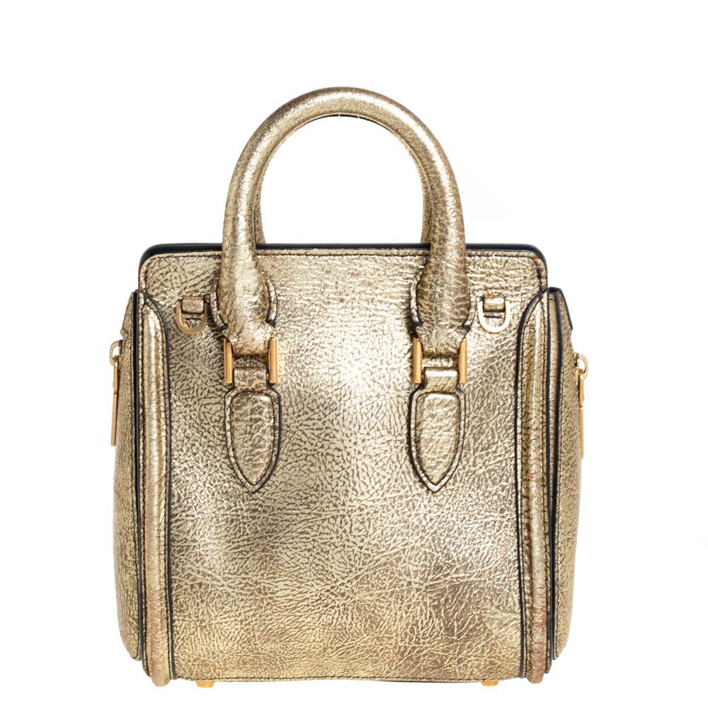Alexander McQueen Metallic Gold Leather Mini Heroine Bag In Good Condition In Dubai, Al Qouz 2