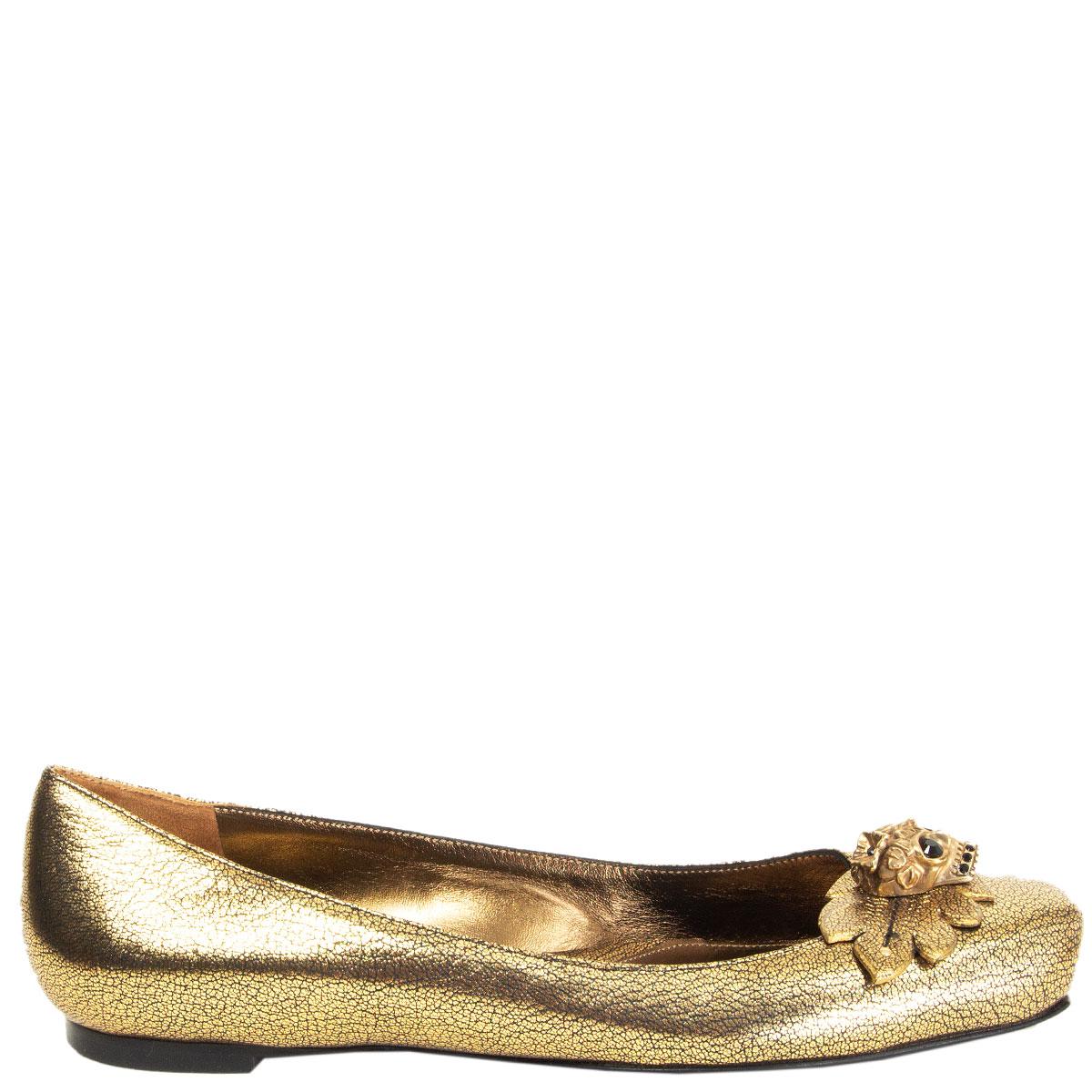 ALEXANDER MCQUEEN metallic gold SKULL & LEAF Ballet Flats Shoes 39.5 For Sale