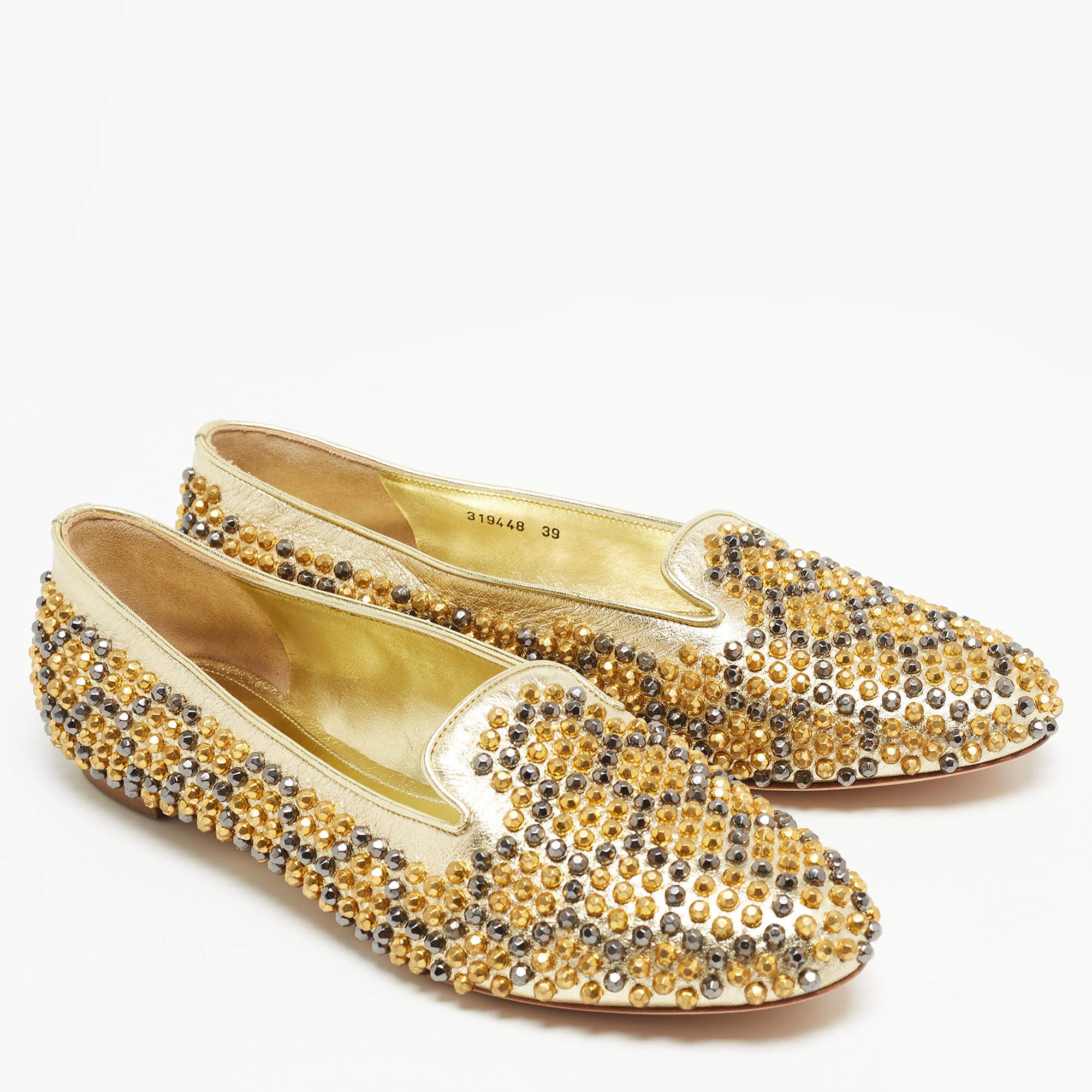 Women's Alexander McQueen Metallic Gold Studded Leather Smoking Slippers