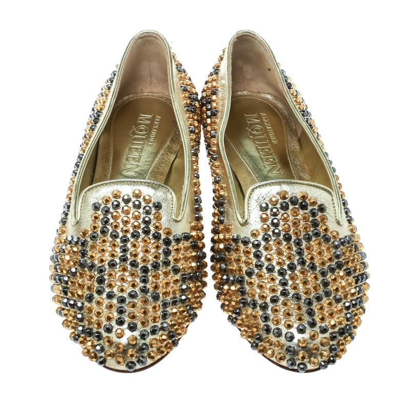 Brown Alexander McQueen Metallic Gold Studded Leather Smoking Slippers Size 39
