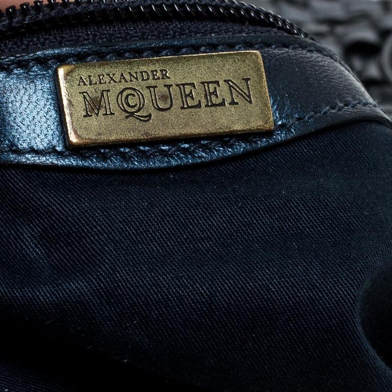 Alexander McQueen Metallic Navy Blue Woven Leather Novak Hobo at ...