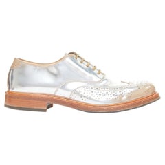 ALEXANDER MCQUEEN metallic silver leather perforated wingtip brogue shoes EU43