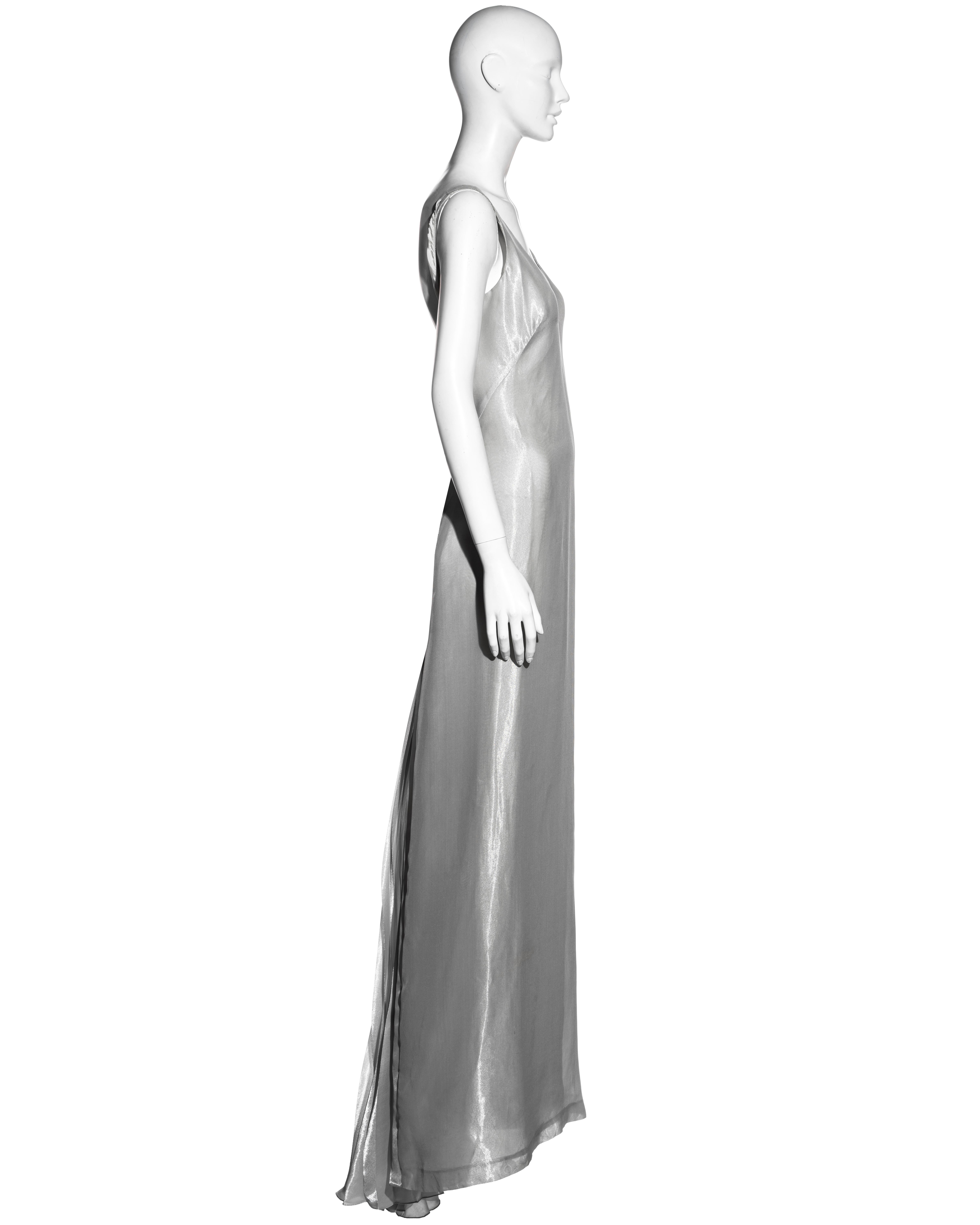 Women's Alexander McQueen metallic silver silk lamé open-back evening dress, ss 1997 For Sale
