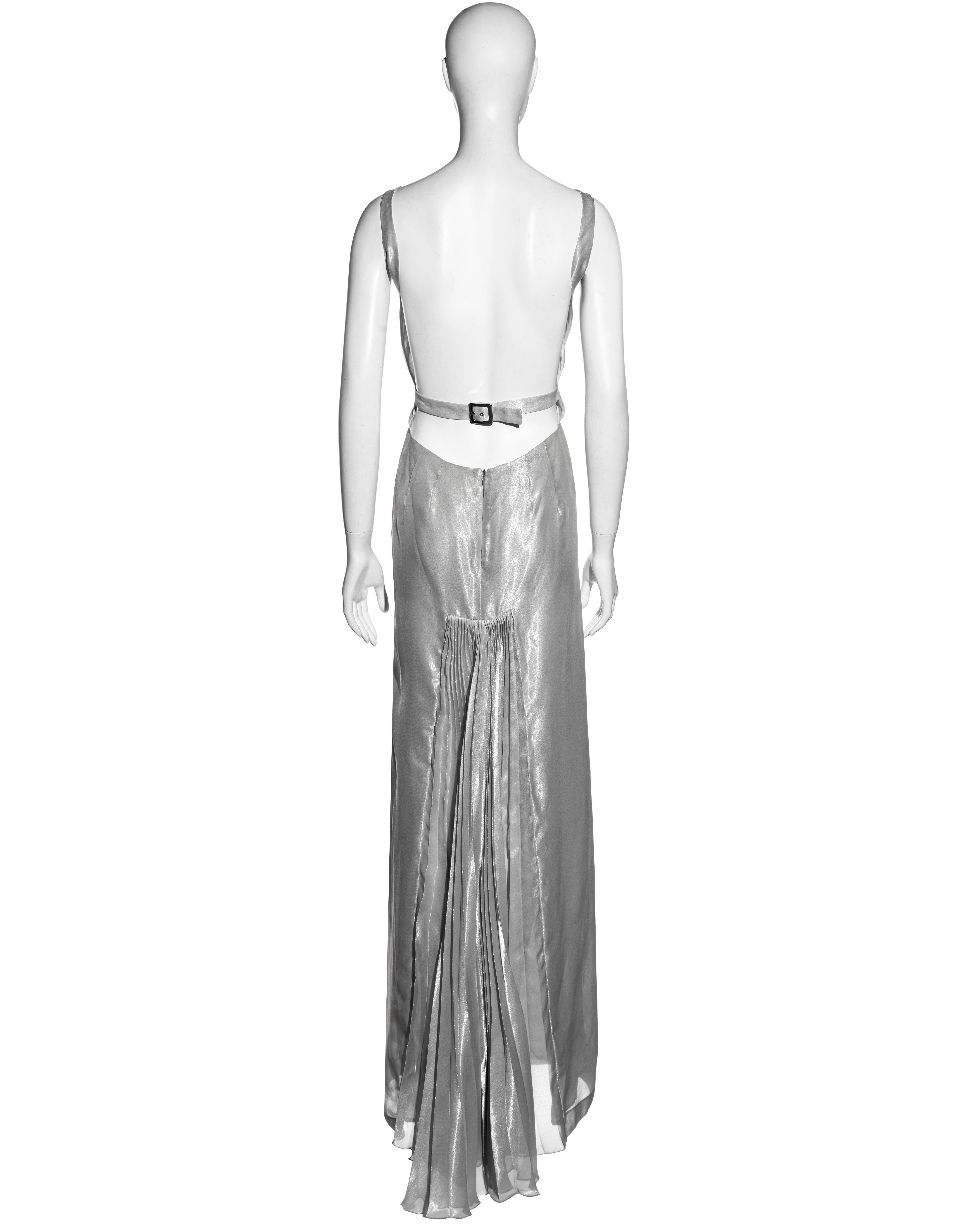 Alexander McQueen metallic silver silk lamé open-back evening dress, ss 1997 For Sale 1