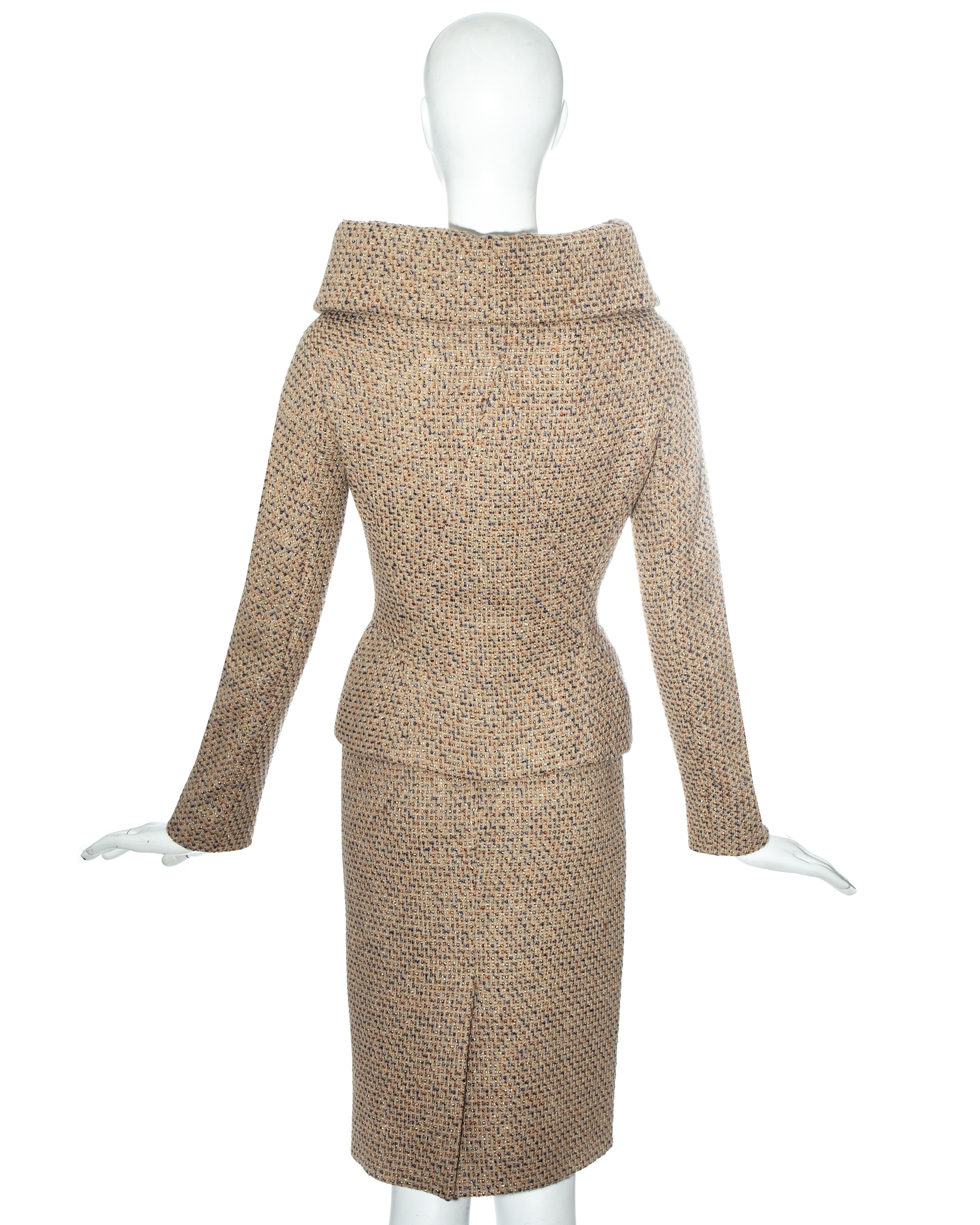 Brown Alexander McQueen metallic tweed high collar skirt suit, fw 2004 For Sale