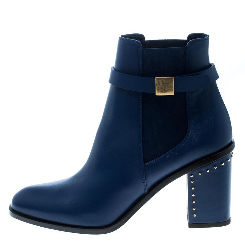 Alexander McQueen Midnight Blue Leather Studded Heel Ankle Boots Size 40 1