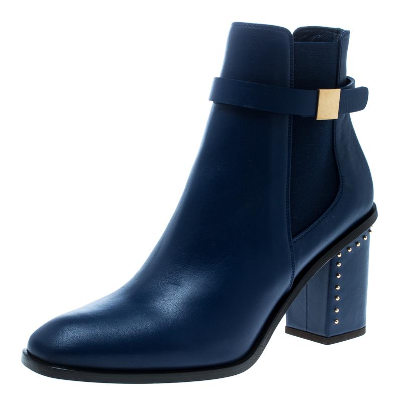 Alexander McQueen Midnight Blue Leather Studded Heel Ankle Boots Size 40