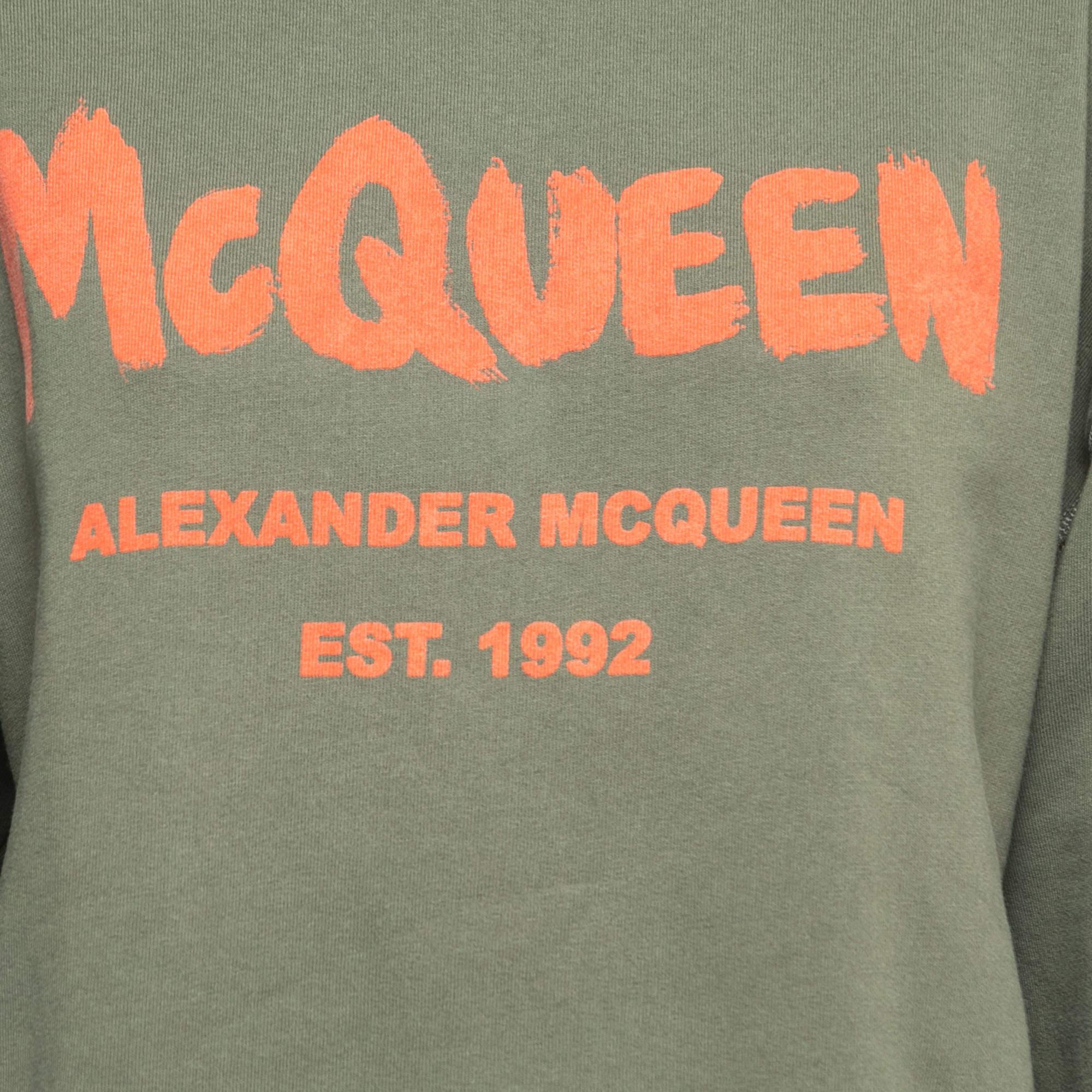 Gray Alexander McQueen Military Green Logo Print Cotton Jogger Sweatshirt Set M/S For Sale