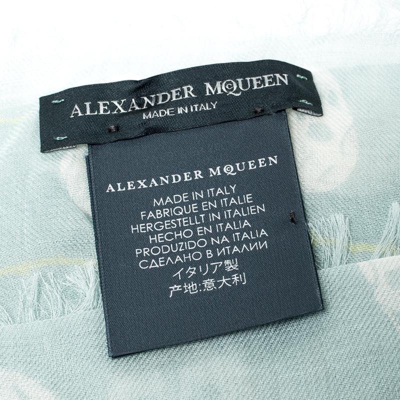 Gray Alexander McQueen Mint Blue Skull and Roses Print Fringed Edge Scarf