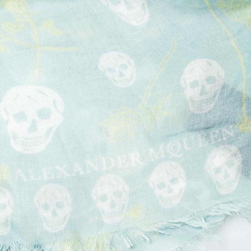Alexander McQueen Mint Blue Skull and Roses Print Fringed Edge Scarf In Excellent Condition In Dubai, Al Qouz 2