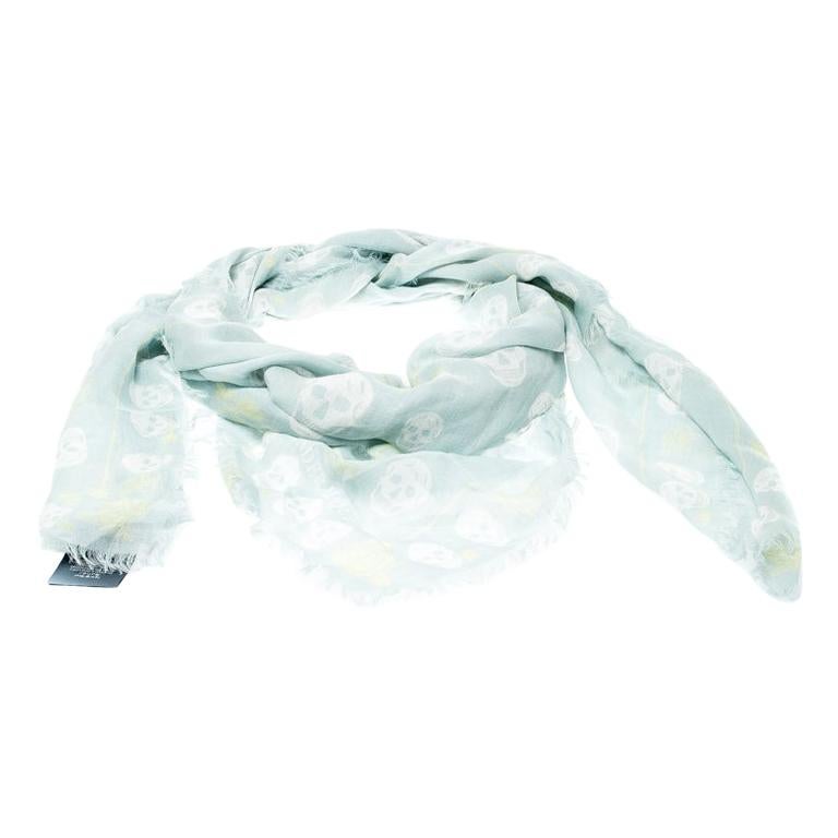 Alexander McQueen Mint Blue Skull and Roses Print Fringed Edge Scarf