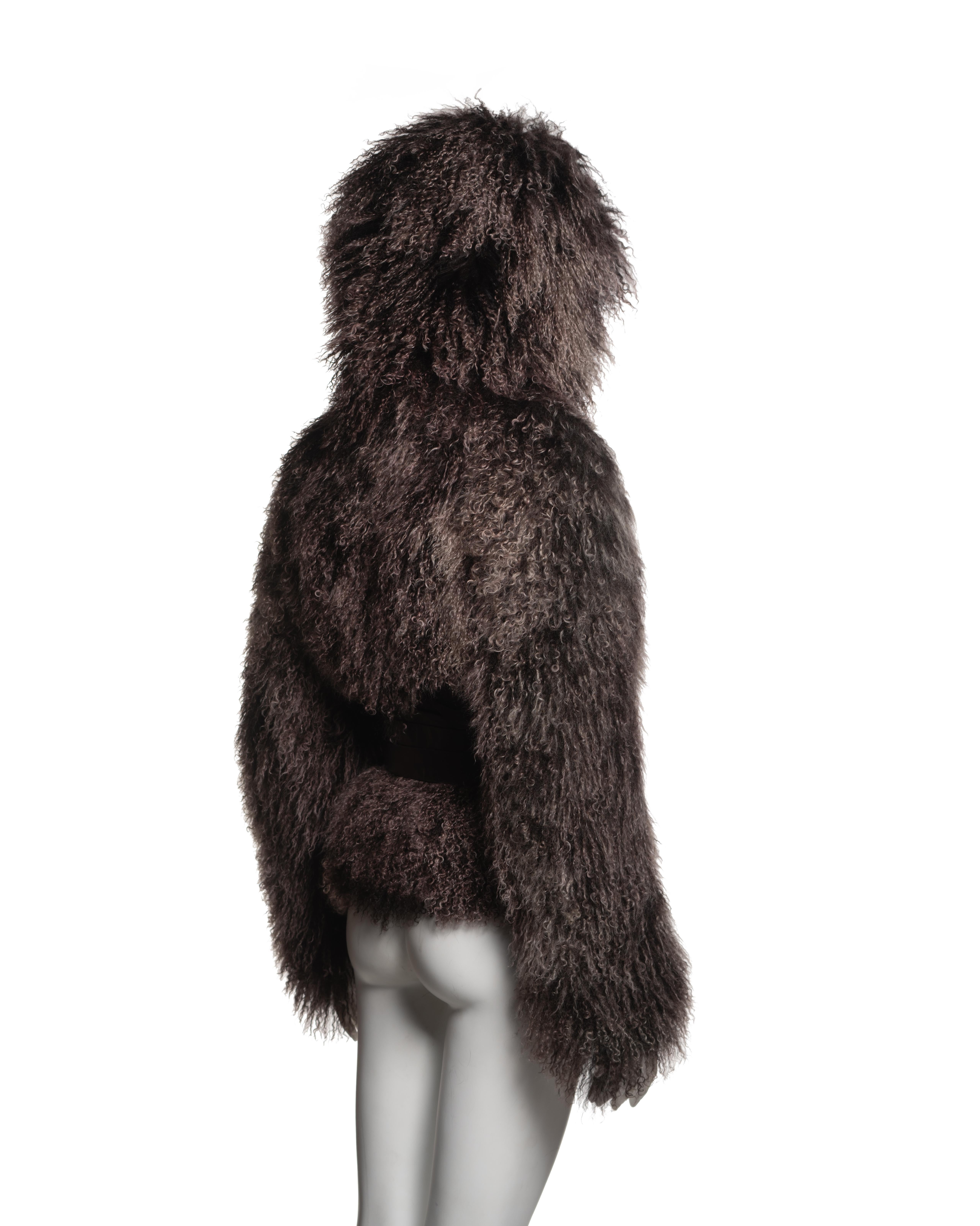 Alexander McQueen Mongolian Lamb Hooded Jacket with Leather Corset Belt, FW 2004 For Sale 5