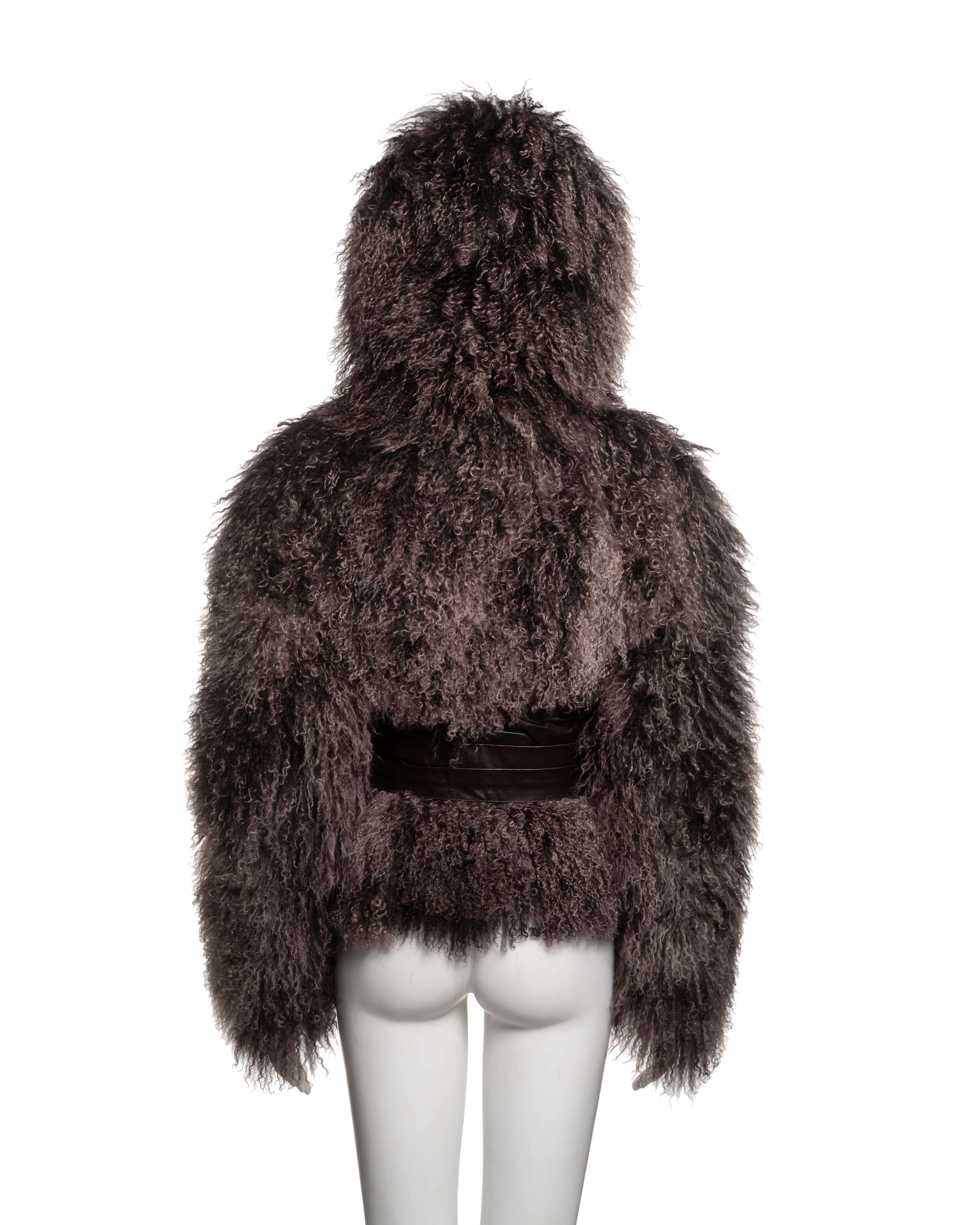 Alexander McQueen Mongolian Lamb Hooded Jacket with Leather Corset Belt, FW 2004 For Sale 6