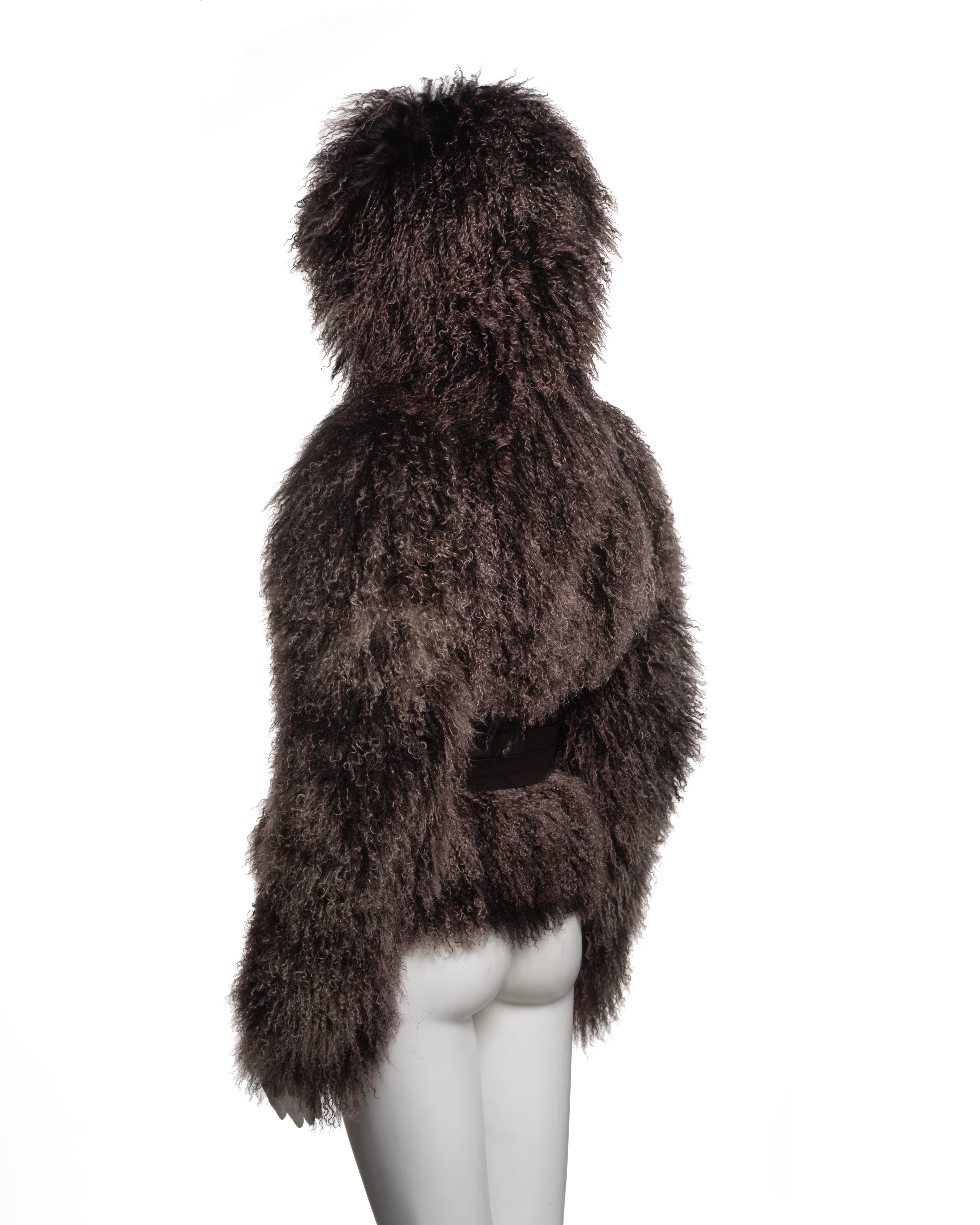 Alexander McQueen Mongolian Lamb Hooded Jacket with Leather Corset Belt, FW 2004 For Sale 7