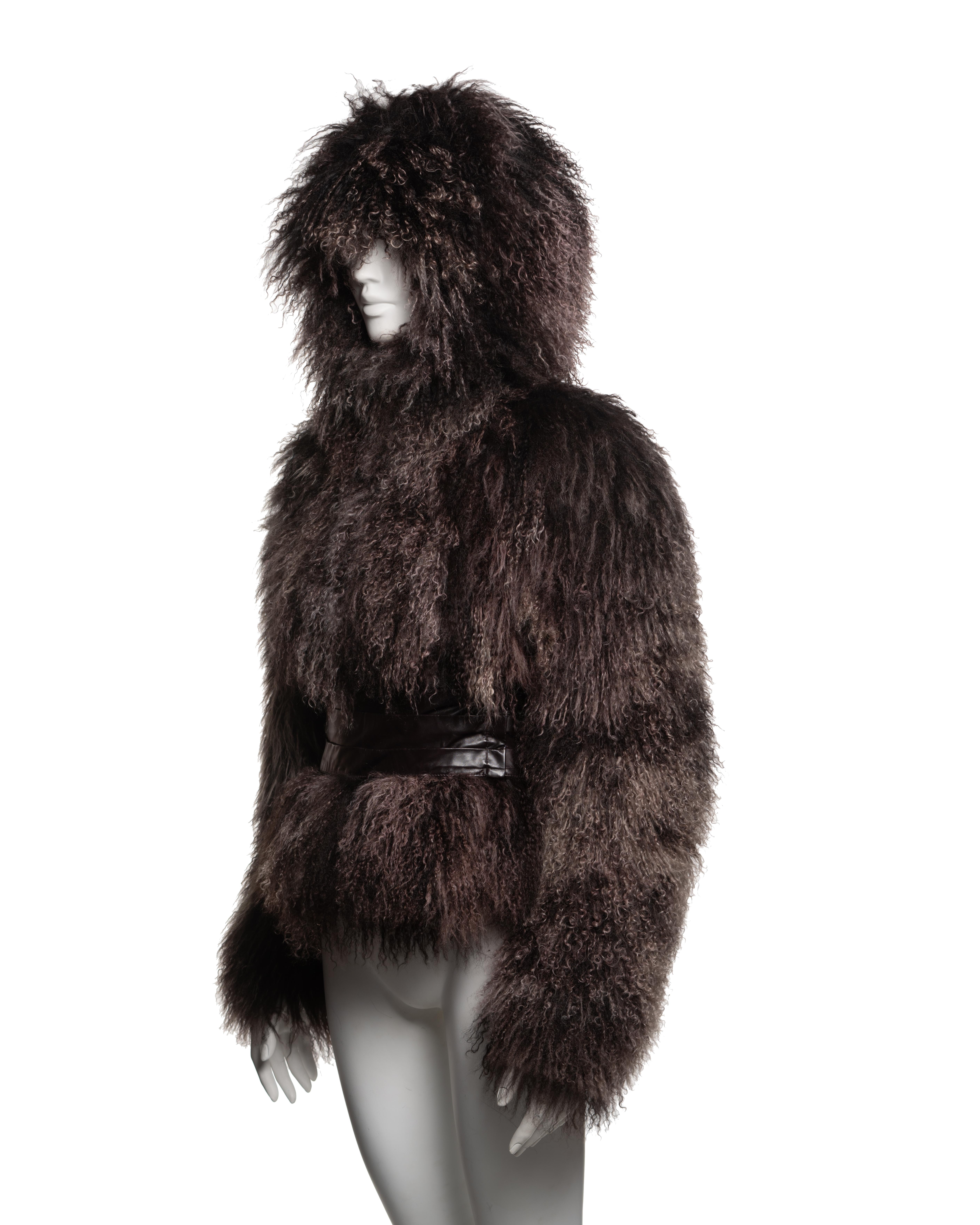 Alexander McQueen Mongolian Lamb Hooded Jacket with Leather Corset Belt, FW 2004 For Sale 9