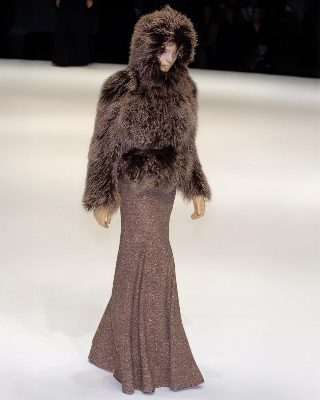 Black Alexander McQueen Mongolian Lamb Hooded Jacket with Leather Corset Belt, FW 2004 For Sale