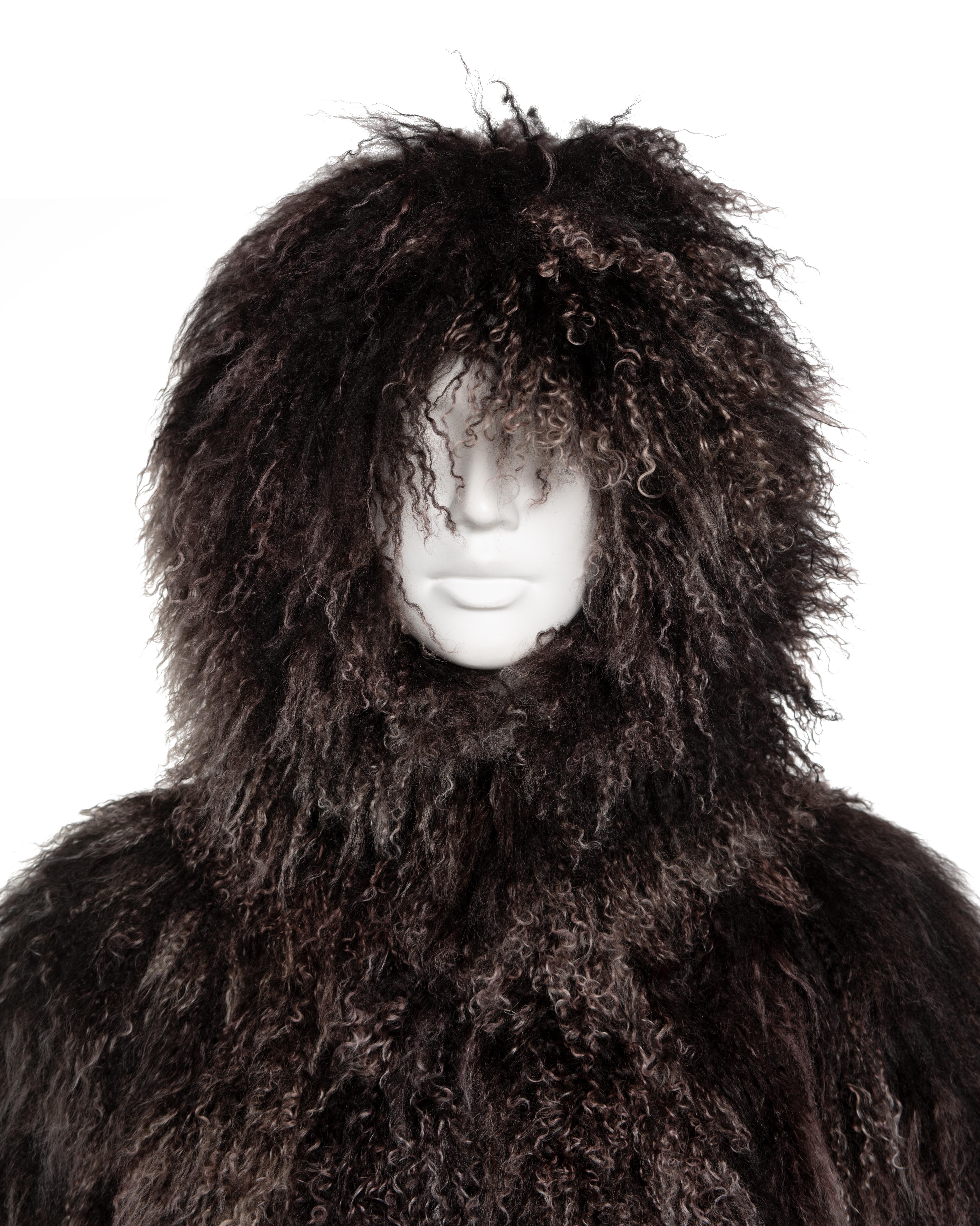 Alexander McQueen Mongolian Lamb Hooded Jacket with Leather Corset Belt, FW 2004 In Excellent Condition For Sale In London, GB