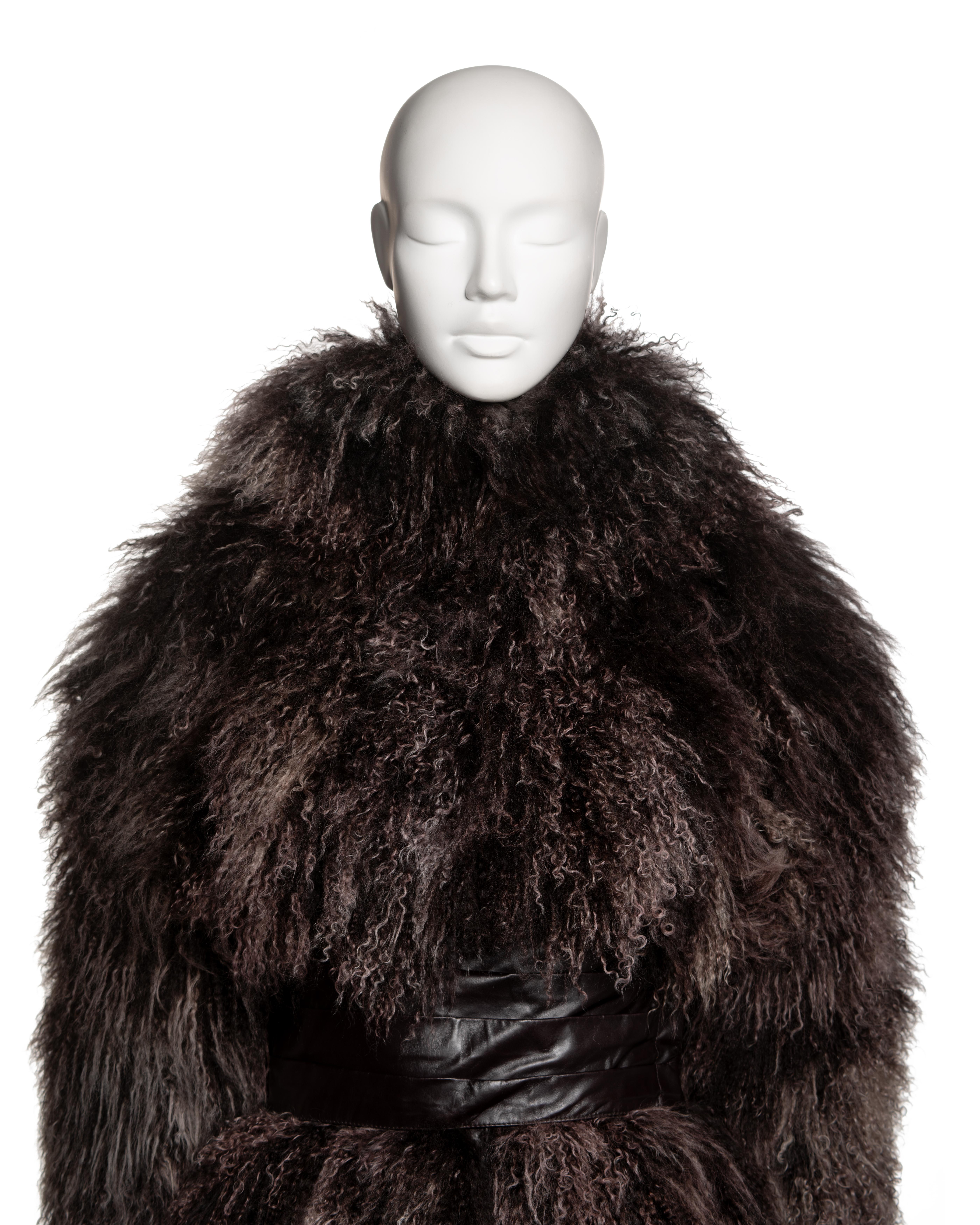 Alexander McQueen Mongolian Lamb Hooded Jacket with Leather Corset Belt, FW 2004 For Sale 1
