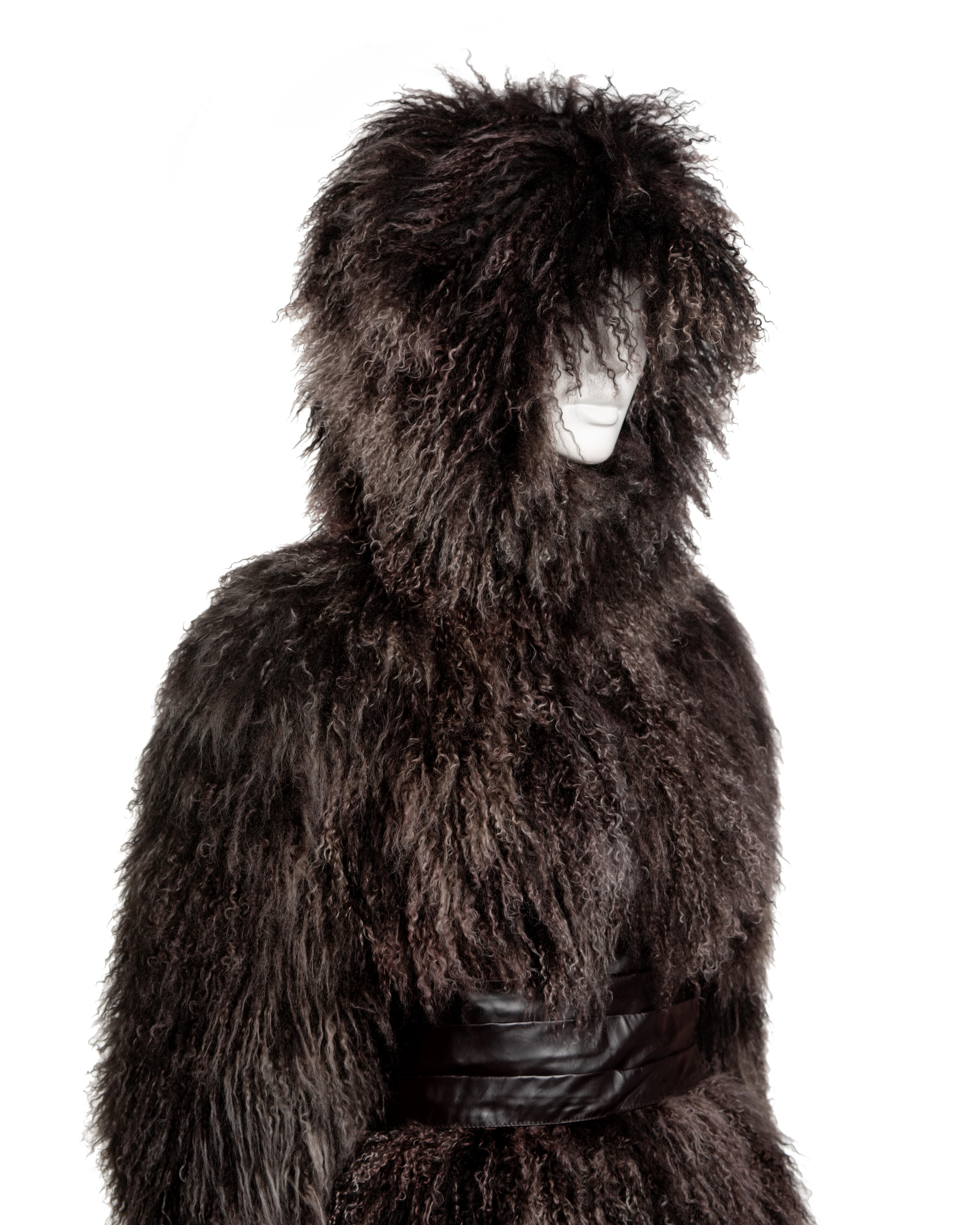 Alexander McQueen Mongolian Lamb Hooded Jacket with Leather Corset Belt, FW 2004 For Sale 3