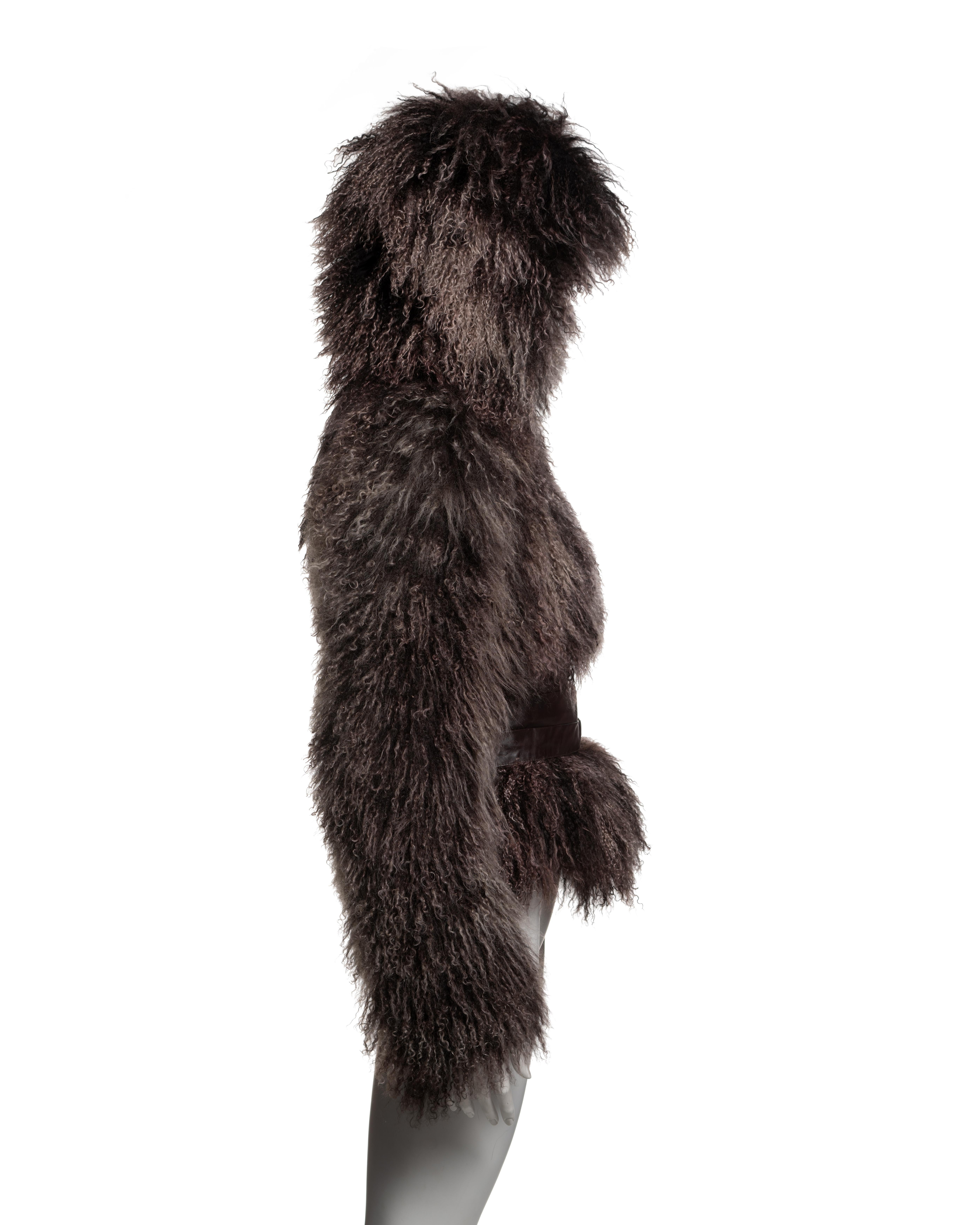 Alexander McQueen Mongolian Lamb Hooded Jacket with Leather Corset Belt, FW 2004 For Sale 4