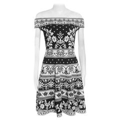 Alexander McQueen Monochrome Floral Jacquard Knit Off Shoulder Dress M