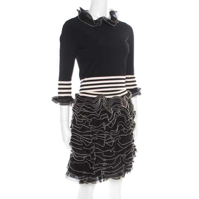 Black Alexander McQueen Monochrome Knit Ruffle Detail Top and Mini Skirt Set S/M