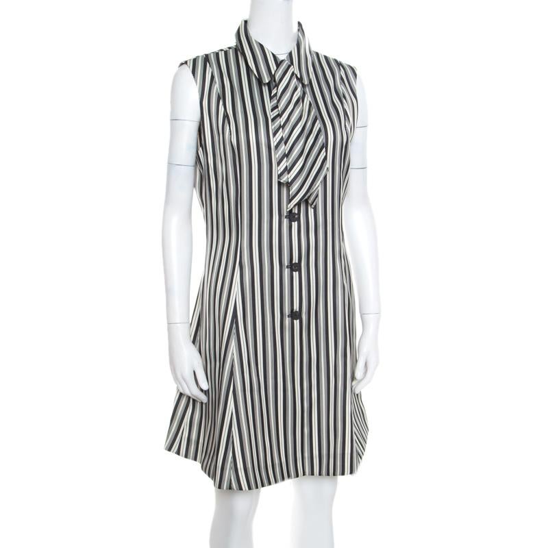 Gray Alexander McQueen Monochrome Striped Detachable Neck Tie Detail Sheath Dress L