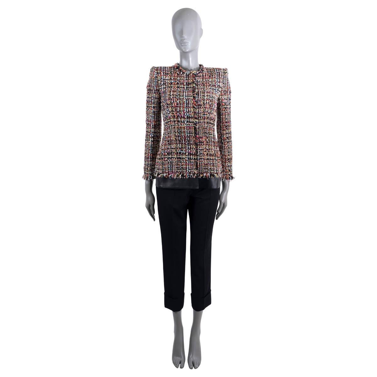 100% authentic Alexander McQueen tweed jacket in multicolor cotton (40%), polyamide (29%), viscose (25%), wool (4%), acrylic (1%) and polyester (1%). Features a slim, collarless silhouette, frayed edges and a black leather hem. Closes with concealed