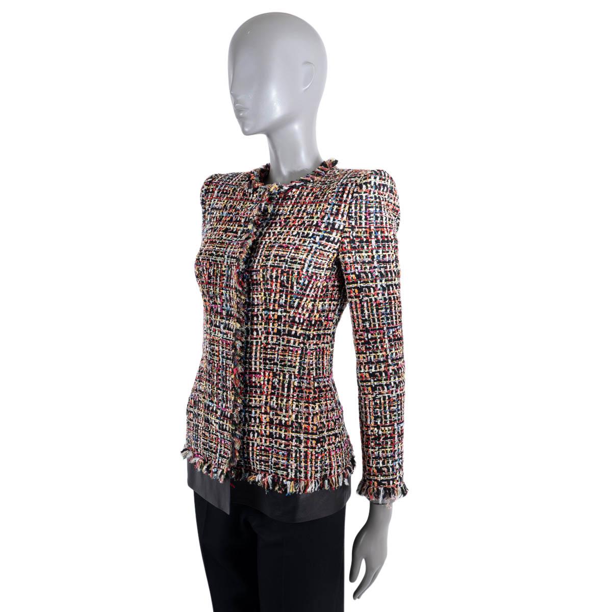 ALEXANDER MCQUEEN multicolor cotton 2017 LEATHER TRIM FRINGED TWEED Jacket 38 XS In Excellent Condition For Sale In Zürich, CH