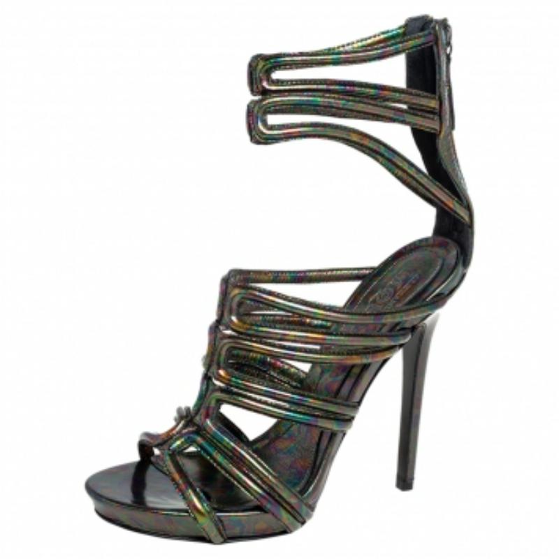 Alexander McQueen Multicolor Oil Slick Texture Leather Gladiator Sandals Size 38 In Good Condition In Dubai, Al Qouz 2