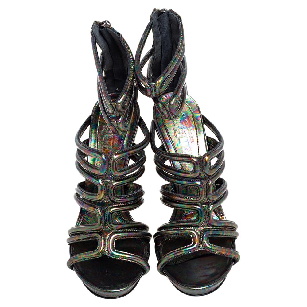 Black Alexander McQueen Multicolor Oil Slick Texture Leather Gladiator Sandals Size 38 For Sale