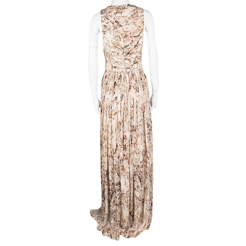Beige Alexander McQueen Multicolor Printed Ruched Drape Detail Sleeveless Maxi Dress M