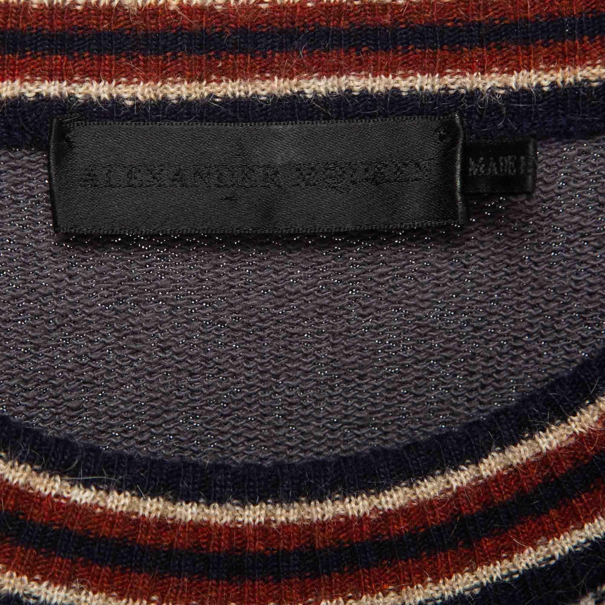 Alexander McQueen Navy Blue/Brown Stripe Intarsia Knit Crew Neck Sweater M In Excellent Condition For Sale In Dubai, Al Qouz 2