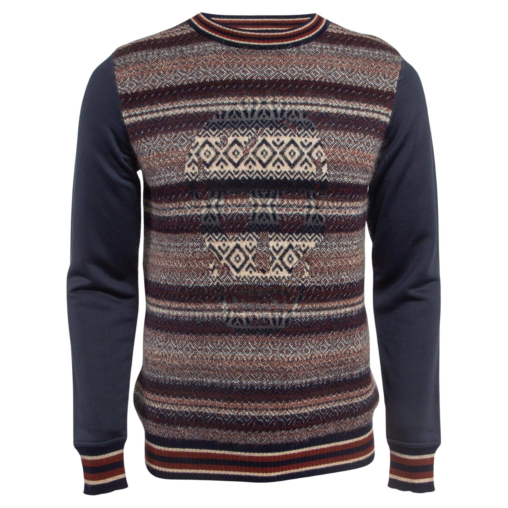 Alexander McQueen Navy Blue/Brown Stripe Intarsia Knit Crew Neck Sweater M For Sale