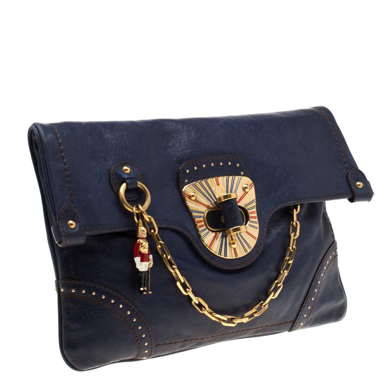 Alexander McQueen Navy Blue Flappy Leather Clutch In Good Condition In Dubai, Al Qouz 2