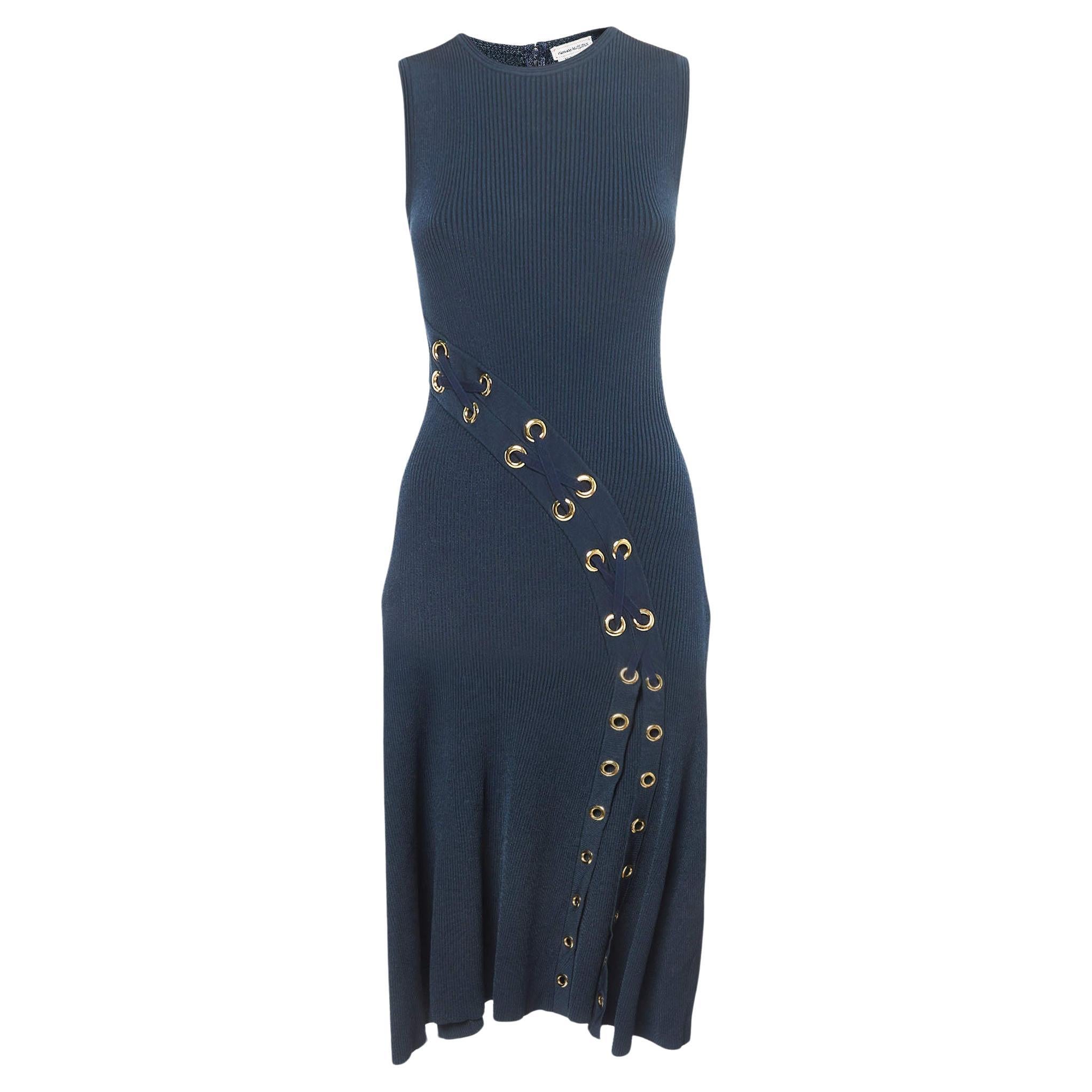 Alexander McQueen Navy Blue Knit Sleeveless Slip Dress M For Sale