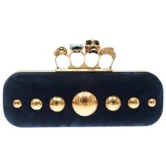 Alexander McQueen Navy Blue Leather Skull Knuckle Box Clutch