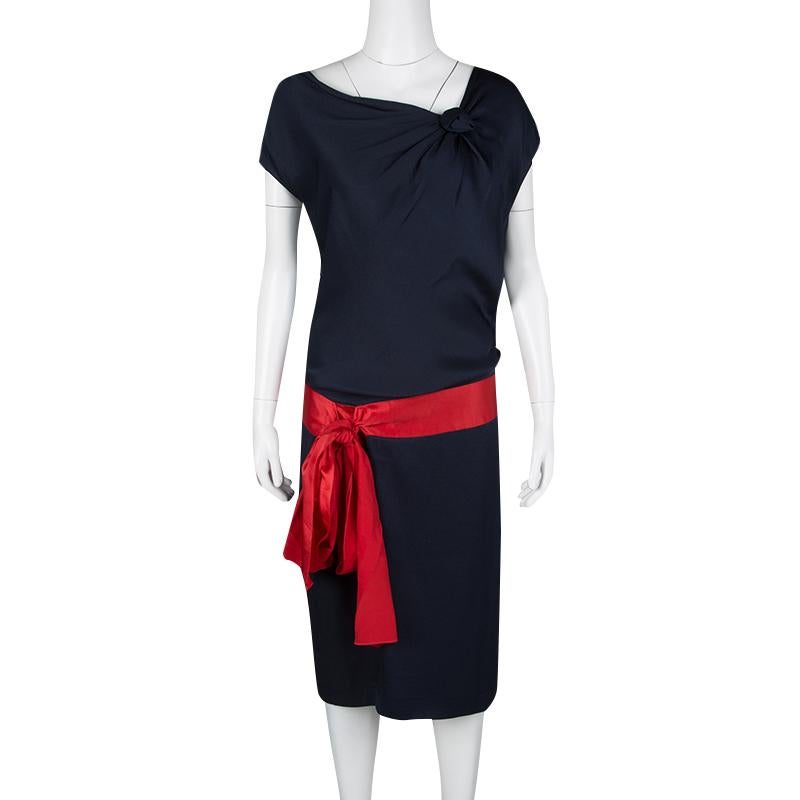 Black Alexander McQueen Navy Blue Silk Draped Contrast Tie Detail Sleeveless Dress M