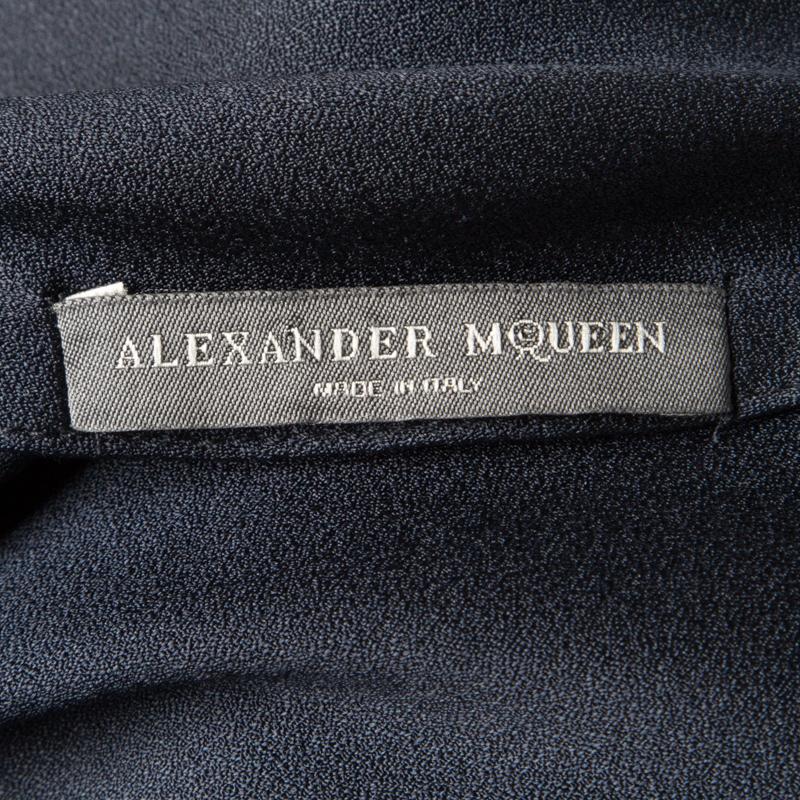 Alexander McQueen Navy Blue Silk Draped Contrast Tie Detail Sleeveless Dress M In Good Condition In Dubai, Al Qouz 2