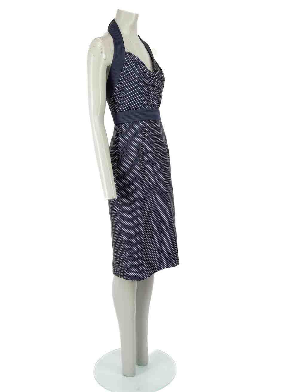CONDITION is Very good. Hardly any visible wear to dress is evident apart from single pluck to neckline stitching on this used Alexander McQueen designer resale item.
 
 Details
 Navy
 Silk
 Dress
 Polkadot pattern
 Halterneck
 Sweetheart neckline
