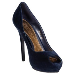 Alexander McQueen Navy Velvet Peep Toe Heels Size IT 40