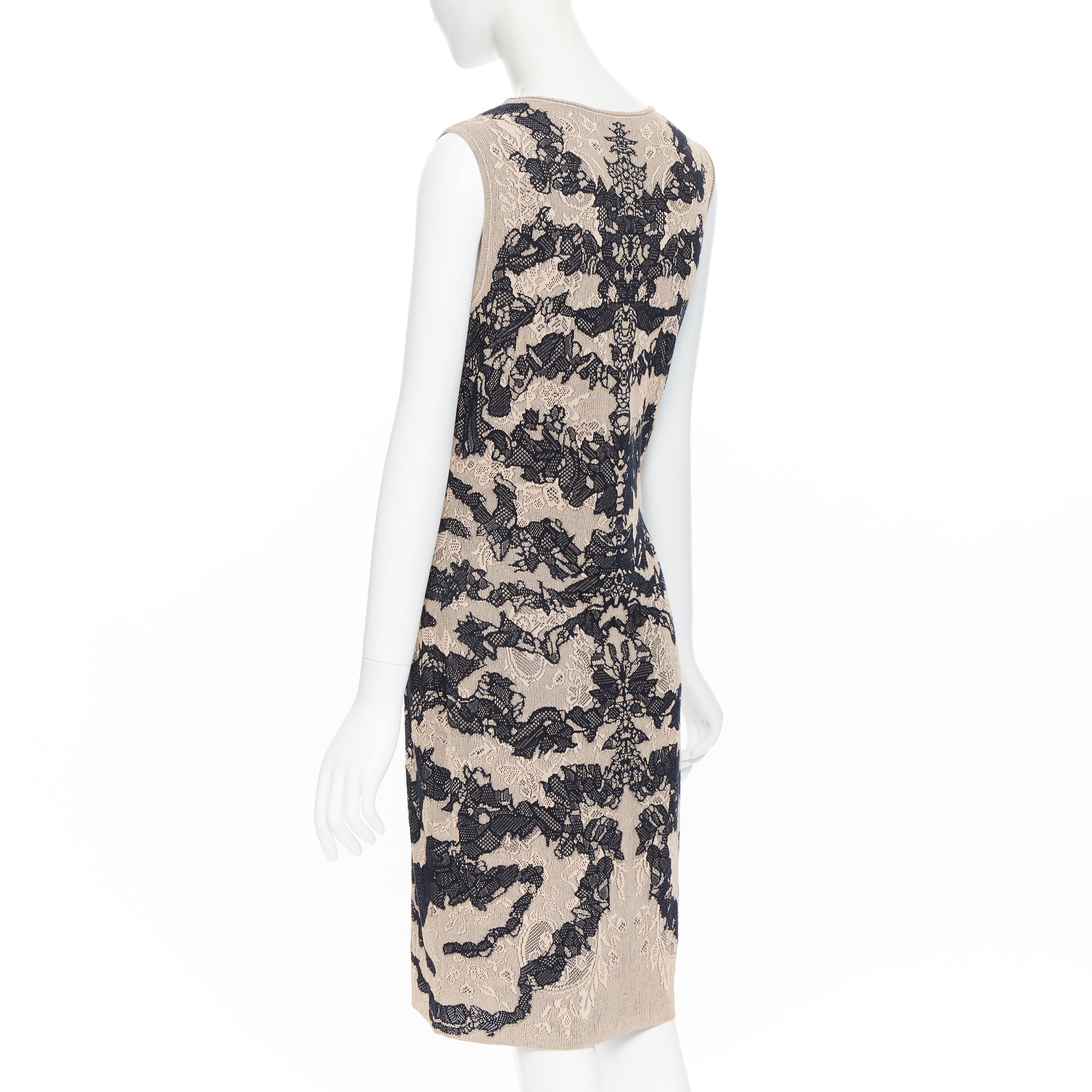 ALEXANDER MCQUEEN nude black asymmetric lace intarsia bodycon stretch dress L In Excellent Condition In Hong Kong, NT